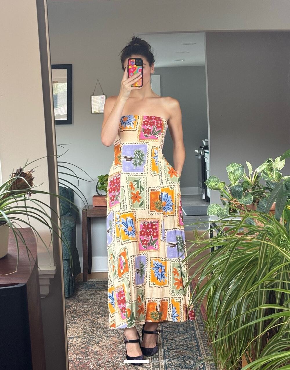 Paper Heart Anthropologie Floral Postage Stamp Print Strapless Midi Dress XS
